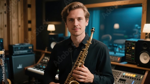 A musician in the recording studio, presenting a professional music creation image, demonstrating the art and passion in the music field.