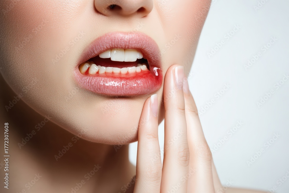 Obraz premium Young woman touching painful mouth ulcer on lower lip, close up showing inflammation and oral discomfort, healthcare concept