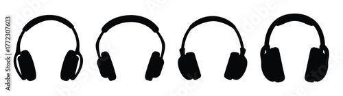 Set of four headphones icons featuring different styles for audio listening and sound entertainment