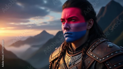 Bisexual Pride Warrior Woman with Face Paint at Sunset Mountain Range