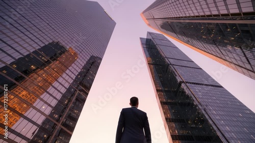 Ambitious Businessman Looking Up at Skyscrapers in City Financial District at Sunset