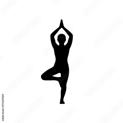 Minimalist black and white silhouette icon of a classic yoga pose (Lotus/Tree/Mountain). Perfect for wellness, meditation, fitness, and International Yoga Day designs, emphasizing peace, balance