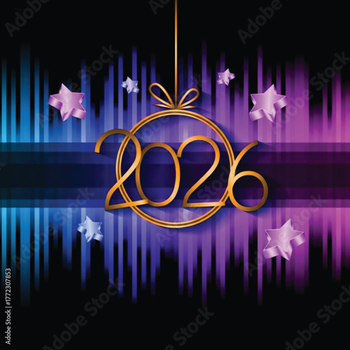 A festive and elegant 2026 New Year background featuring a golden ornament, abstract light effects, and a vibrant color palette, perfect for holiday celebrations.