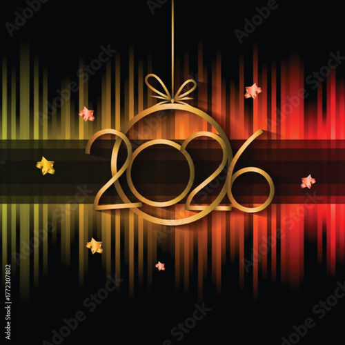 A stunning 2026 New Year design featuring golden numbers against a vibrant, colorful backdrop, perfect for festive celebrations and elegant holiday greetings.