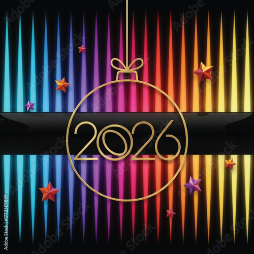 A vibrant illustration showcasing the year 2026 with colorful neon lights and festive decorations. Perfect for new year celebrations and holiday-themed designs.