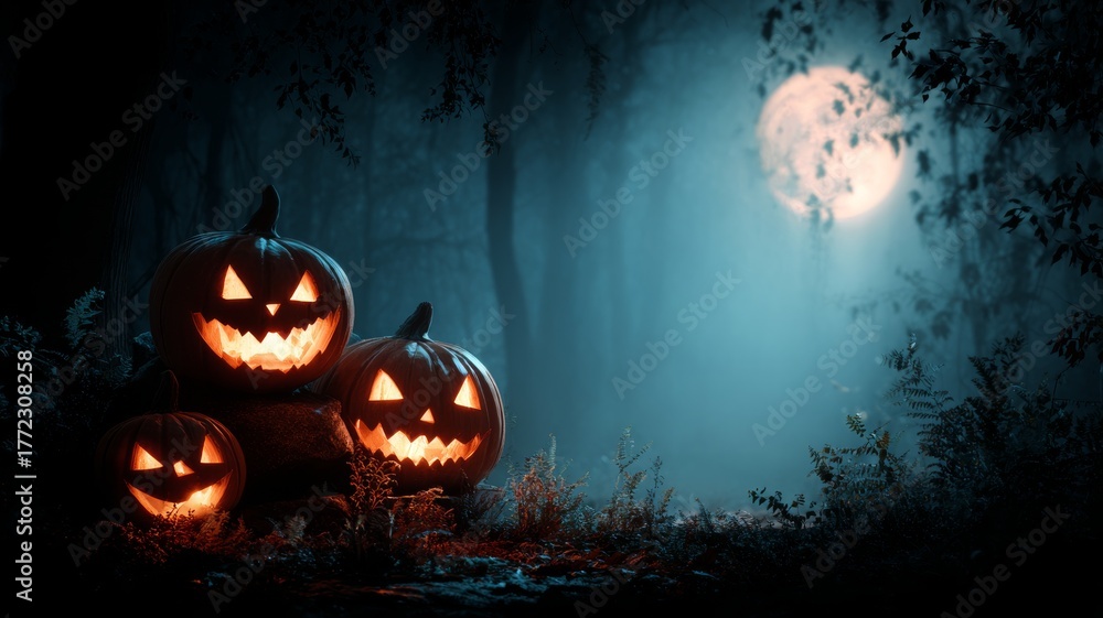 Naklejka premium Creepy glowing jack o lantern pumpkins on a dark night with full moon in mystical haunted forest, spooky halloween background with eerie atmosphere and autumn vibes