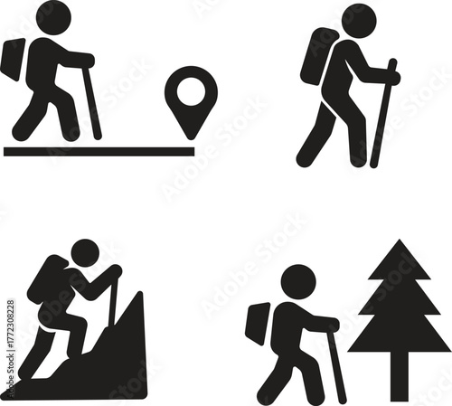 Hiking Icon set. Solid vector icons of hiking companionship. Adventure and Outdoor Exploration Graphics. walking icon, forest hike, nature run, beach workout, park yoga, group walk, scenic path.