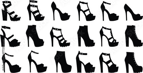 High heel platform shoes silhouette collection fashion footwear stylish women sandal boot design modern art, cad drawing flat vector illustration