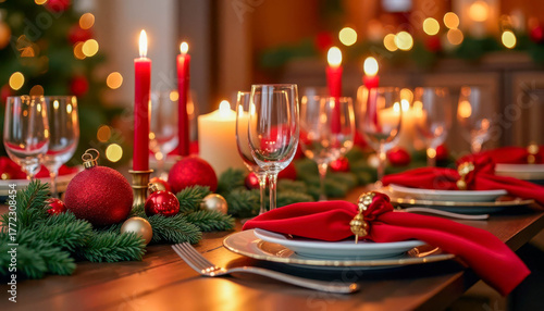 Festive dining table decorated with candles and ornaments for a cozy holiday celebration at night