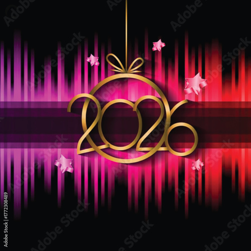 A vibrant 2026 New Year background featuring golden numbers, festive decorations, and a modern design, perfect for adding sparkle to your celebration events.