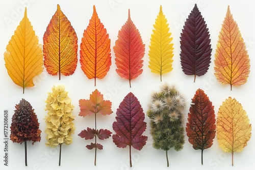 A collection of colorful autumn leaves in yellow, orange, red, and brown hues