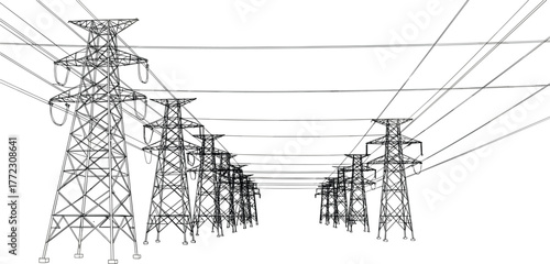 High voltage electric transmission towers and power lines industrial energy infrastructure engineering perspective, utility network system, cad drawing flat vector illustration
