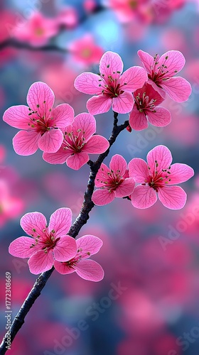Pink cherry blossoms blooming on a branch against a blurred background