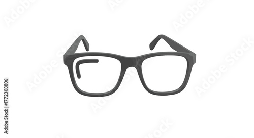 A pair of gray framed glasses with a small piece on the left lens isolated on a white background