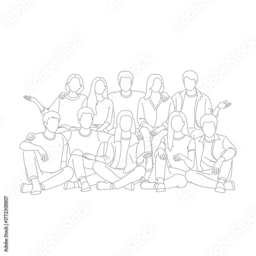 Line art illustration of a group of faceless people sitting together casually.