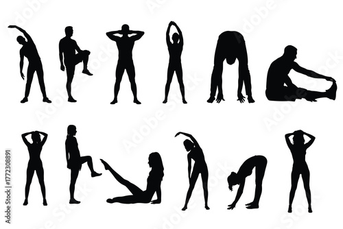 Silhouette Set of Stretching and Warm-up Exercise, Flexibility, Cool-down, and Injury Prevention 