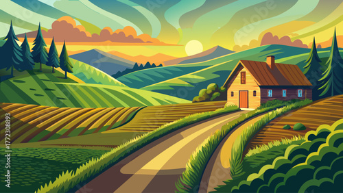vintage vector of a dirt road curving through green hills, small cottage in distance, warm golden sunset, nostalgic rural calm