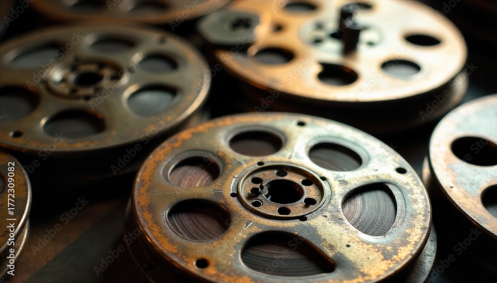 Obraz premium Vintage Slot Machine Reels with Abstract Burst of Golden Light Close up, highly detailed shot of antique slot machine reels displaying a winning combination (three sevens or cherries). The reels are