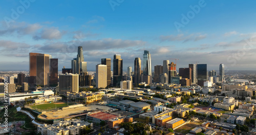Los Angeles district with skyscrapers. Aerial panorama of the LA city. Los Angeles skyline. Modern urban view of Los Angeles with architecture and sky. Los Angeles USA drone photo of downtown skyline.