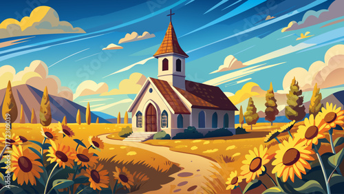 Vector of an old rural church surrounded by sunflowers, clear blue sky, gentle breeze, warm nostalgic feel, detailed rustic textures