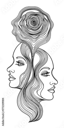 A surreal black-and-white illustration featuring two mirrored faces blending into each other, with a stylized rose at the topevoking themes of duality, unity, and beauty.
