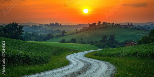 Fototapeta Naklejka Na Ścianę i Meble -  Golden Hillside Road: A curving road traversing lush green rolling hills beneath a vibrant, rising or setting sun