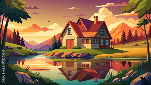 Vector of a rustic farmhouse beside lake, reflection in water, warm sunset light, green trees, nostalgic and peaceful rural scenery