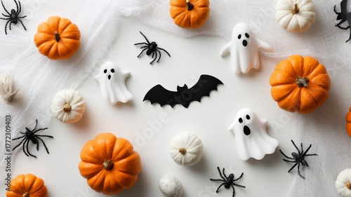 Cute halloween flat lay composition with orange pumpkins, black bats, spooky ghosts, spiders, and cobweb decorations arranged on white background for festive holiday design, seasonal celebration, and 