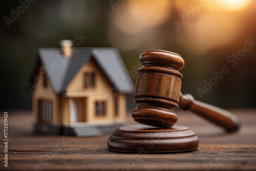 Gavel and miniature house on wood, a legal concept. Ideal for illustrating real estate law or foreclosure.