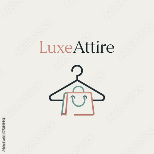 Elegant LuxeAttire Logo Featuring Hanger and Smiling Shopping Bag for Fashion Brand.