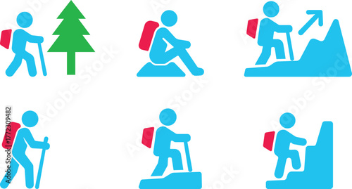 Hiking Icon set. Solid vector icons of hiking companionship. Adventure and Outdoor Exploration Graphics. walking icon, forest hike, nature run, beach workout, park yoga, group walk, scenic path.