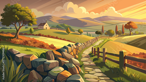 vector of an old stone fence around meadow, soft sunlight, distant village, nostalgic countryside calm, warm and natural tones