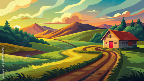 vintage vector of a dirt road curving through green hills, small cottage in distance, warm golden sunset, nostalgic rural calm