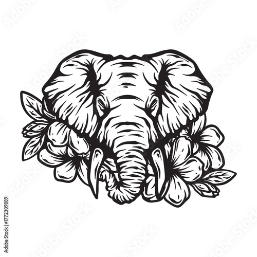 illustration art hand drawn black and white elephant with frangipani flower ornaments design 