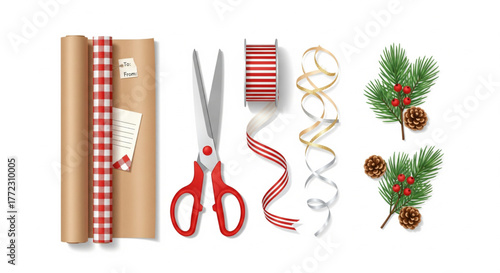 Christmas gift wrapping supplies arranged on a white background, ready for crafting.