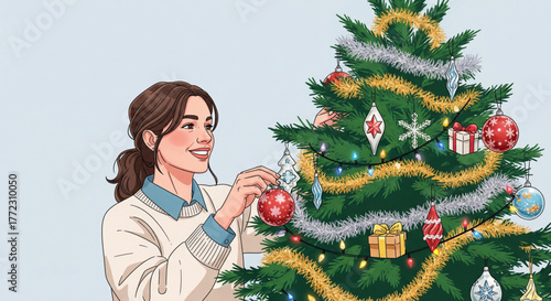 Young woman joyfully decorating a Christmas tree with ornaments and tinsel, embodying the festive spirit of the holiday season