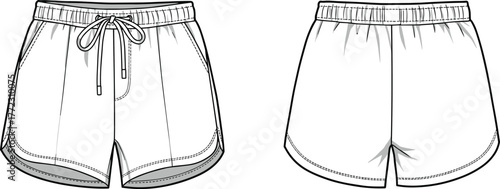 Sport running shorts technical flat front and back view with elastic waistband and drawstring, activewear fashion design, cad drawing flat vector illustration