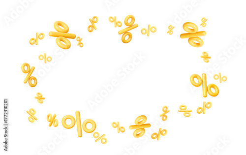 3d flying yellow percent signs discount with blur effect and different angles. Voucher gift. Stock vector illustration on isolated background.