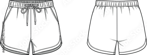 Sport shorts technical fashion design front and back view with drawstring waistband and stitching detail, cad drawing flat vector illustration
