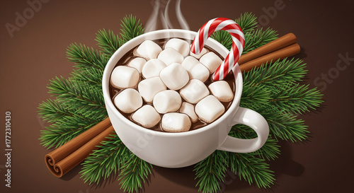 A steaming mug of hot chocolate topped with marshmallows and candy cane.