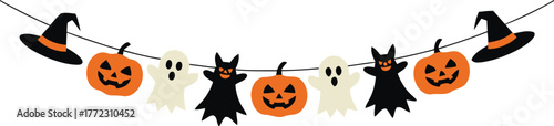 Cute halloween garland with pumpkins ghosts and witch hats on string.eps