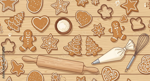 Gingerbread cookies, rolling pin, piping bag, and whisk on a wooden surface, suggesting baking or holiday preparations.