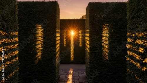 Magical hedge maze sunset with light beaming through verdant walls and intricate shadows