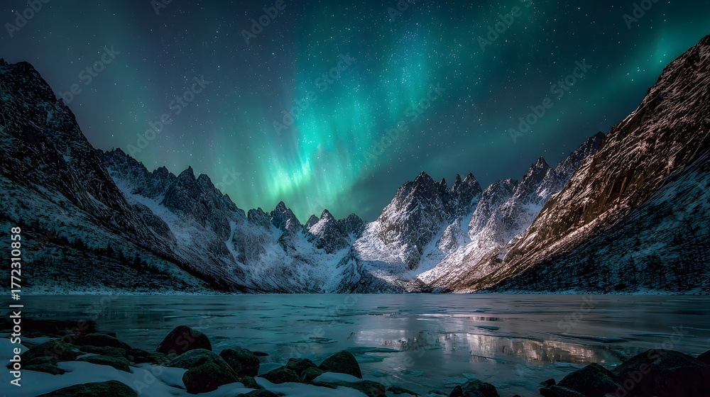 Naklejka premium Brilliant atmospheric light display illuminates jagged, snow-covered mountains reflected in a frozen body of water at night