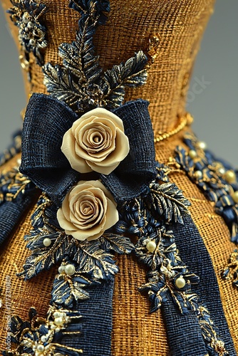 Elegant Dress: Decorative prom dress featuring gold roses and dark navy/black ribbon accents