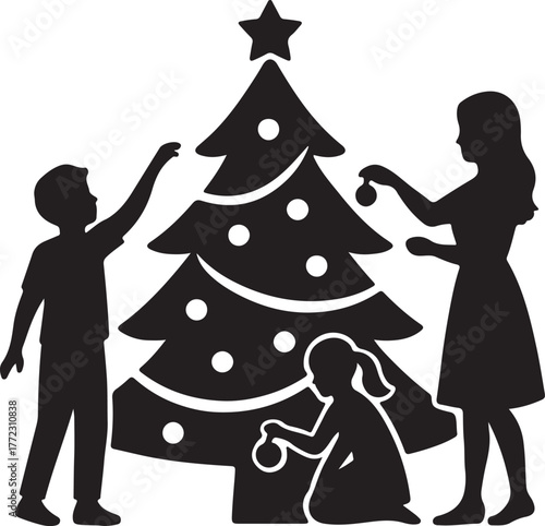happy family and couple with christmas tree silhouette illustration