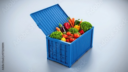 Bright Blue Shipping Container Overflowing With Fresh Vegetables In Large-scale Harvest
