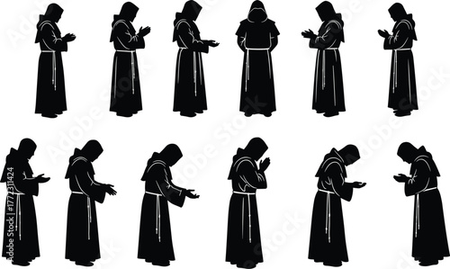 Monk praying in hooded robe silhouette set showing different poses of meditation and prayer, cad drawing flat vector illustration