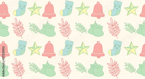 Hand-drawn Christmas seamless pattern with cute festive icons like bells, stars, and stockings in a soft pastel color palette