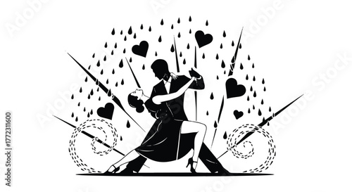 Romantic Tango Dancing Couple in Elegant Black Silhouette with Exploding Hearts Arrows and Swirling Lines on White Background Illustration.